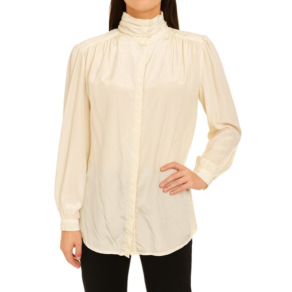 Vintage 80s Cream Satin High Neck Blouse Secretary Top Button Up Retro Sz 14 - Picture 1 of 10